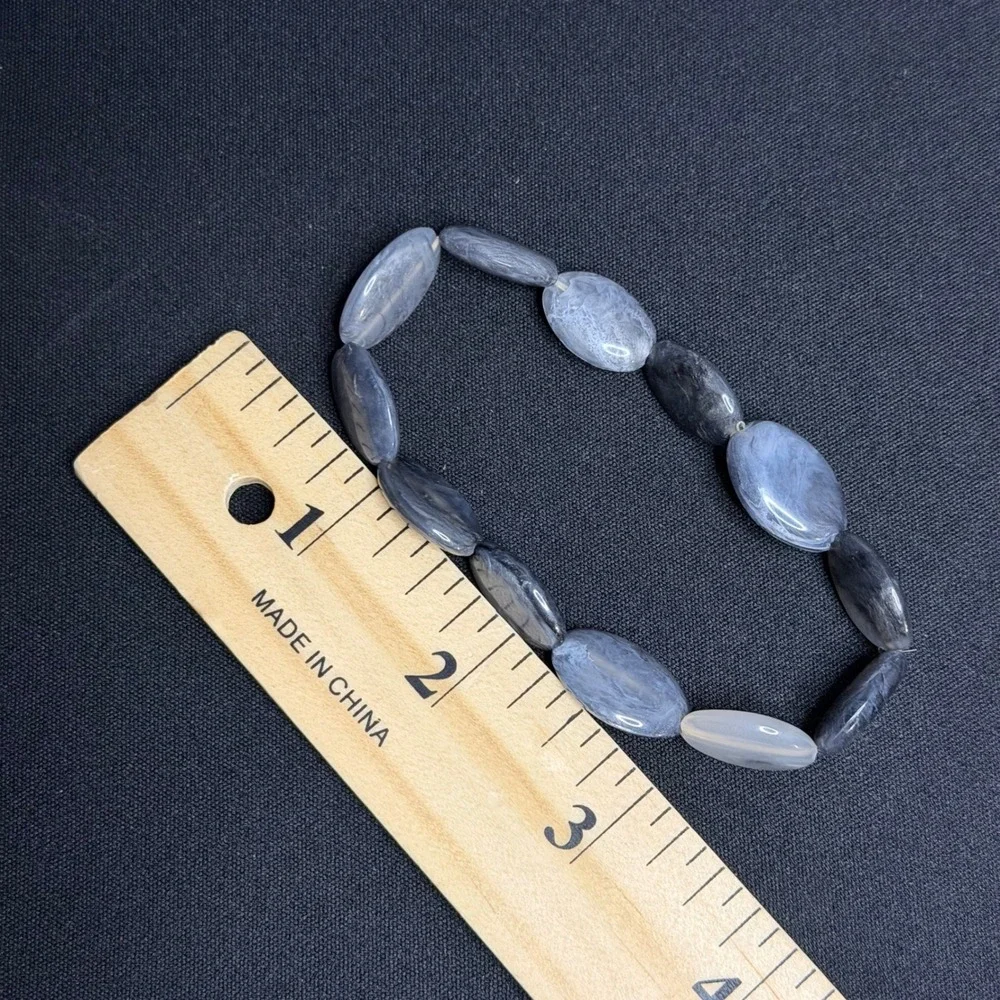 Stretch Bracelet Set Women 7in Grey Marbled‎ Resin Oval Bead 3pc